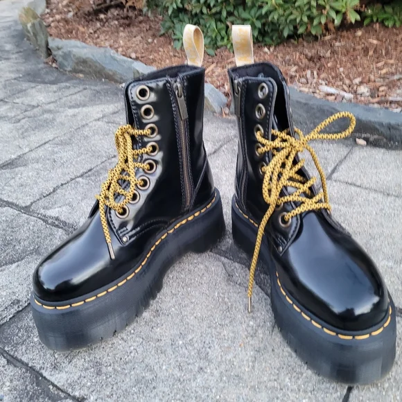 Dr. Martens Black Combat Boots with Yellow Laces - Picture 2 of 15